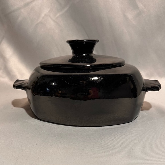 Vintage Frankoma Pottery Gloss Black Ceramic Casserole Dish Art Deco - Picture 1 of 8